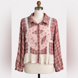 Boho Plaid Shirt with Lace &
Peace Sign🌟NWOT
